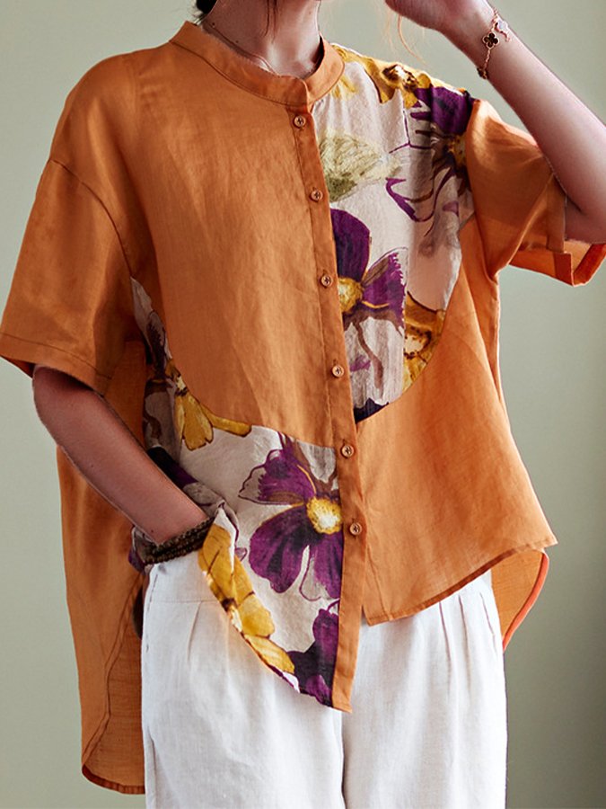 Women's Cotton Linen Print Stitched Shirt
