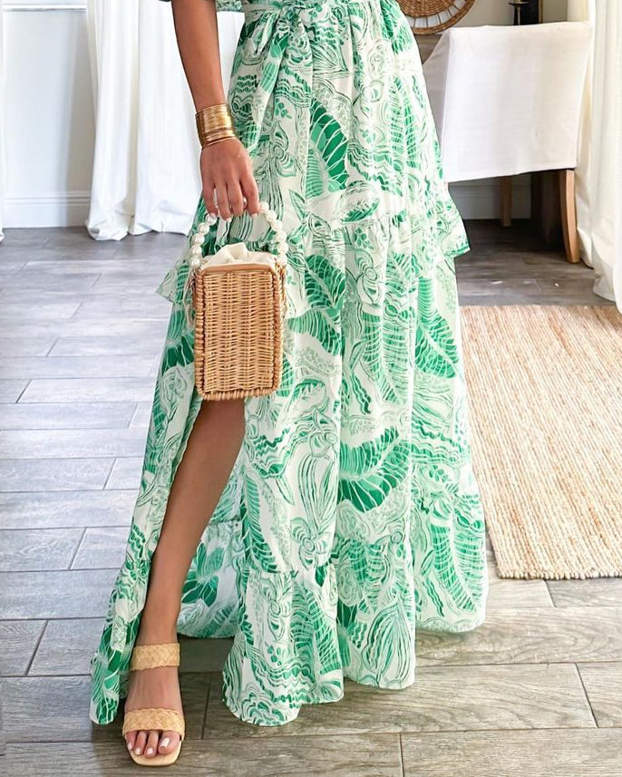 One-shoulder printed waist tie dress