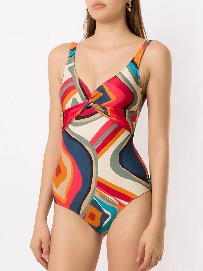 Fashion Colorblock Geometric Print Swimsuit Set