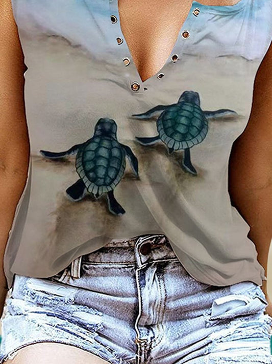 Turtle Print V-Neck Sleeveless Tank Top