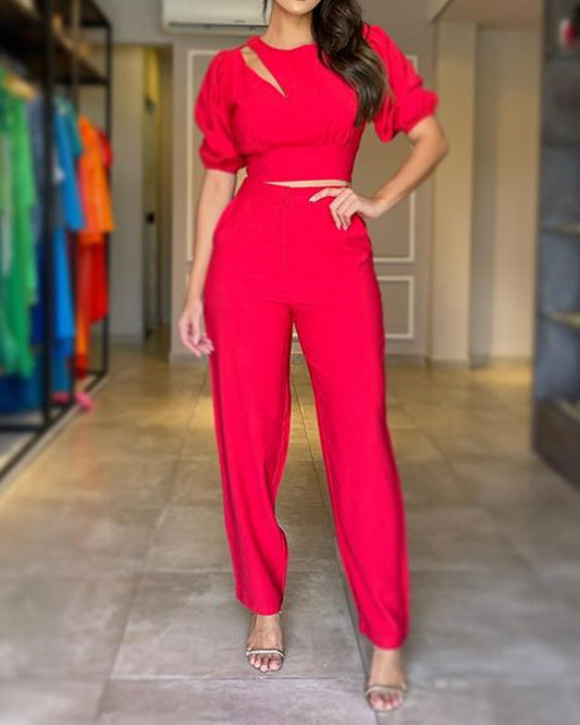 Casual Solid Color Cutout Top & Pants Two-Piece Set