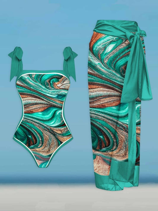 Color Block Print One Piece Swimsuit And Cover Up