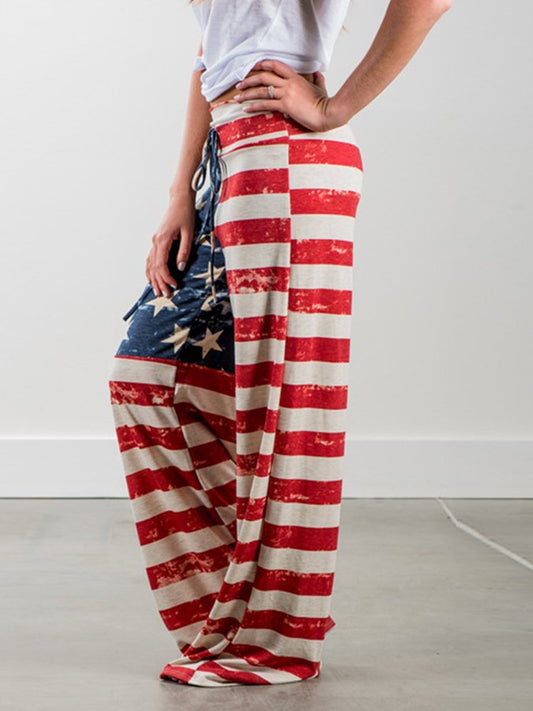 Women's Flag Print Casual Pants Trousers Loose Wide Leg Pants