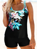 Black Floral Print Double Straps Tankini Set