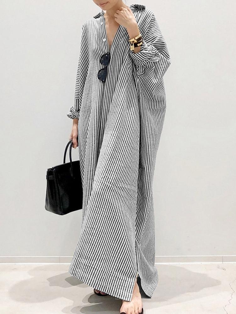 Puff Sleeve Stripe Printed Casual Maxi Dress