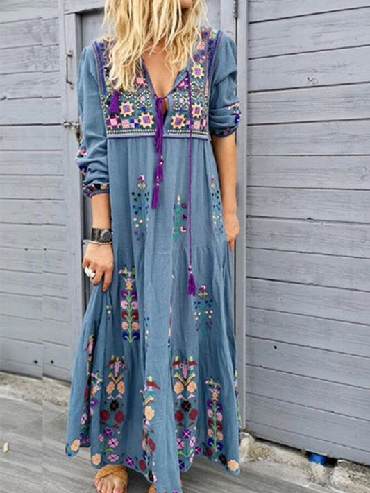 Women's retro bohemian print stitching dress