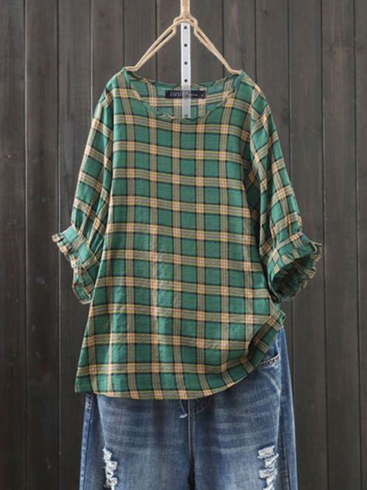Ladies cotton and linen plaid print casual shirt