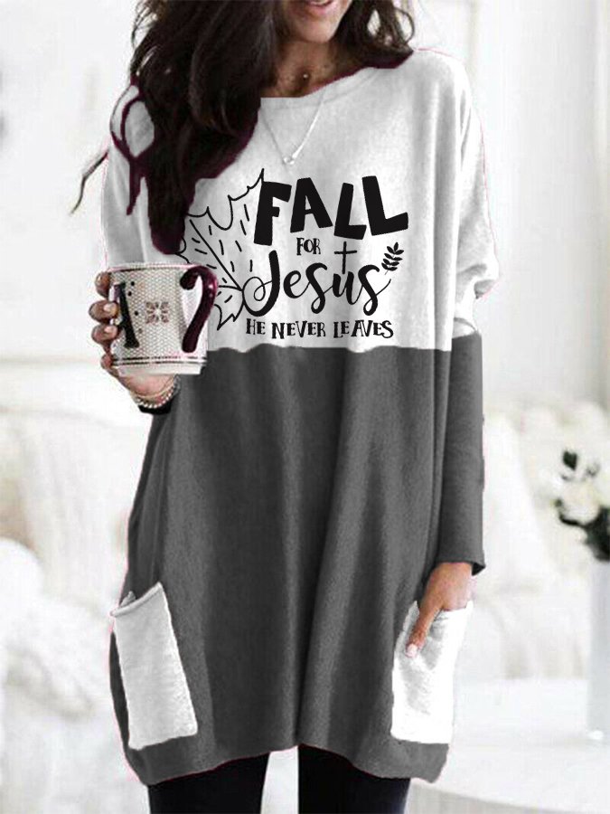 Women's Fall For Jesus He Never Leaves Pocket T-Shirt