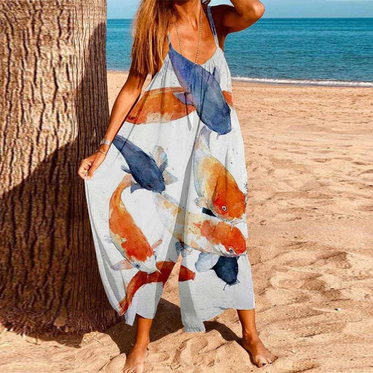 Women's Casual Fish Print Sleeveless Loose Jumpsuit