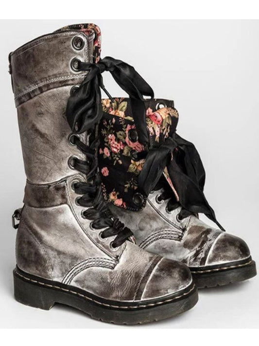 Women's retro floral thick heel Martin boots