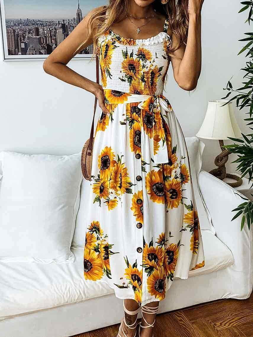 Sun Flower Printed Lace-up With Lotus Leaf Edge Button Floral Dress