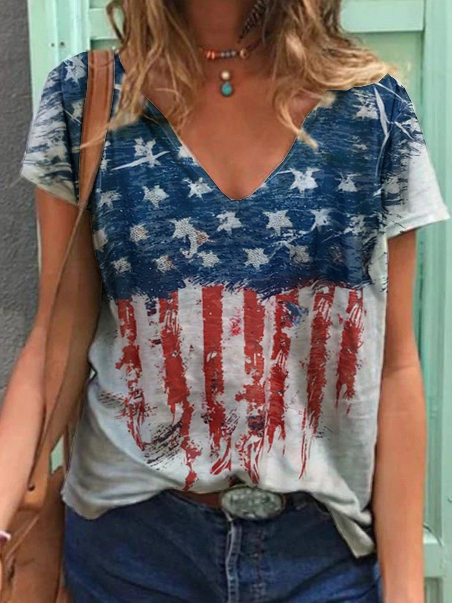 Women's Flag Print V-Necked T-Shirt