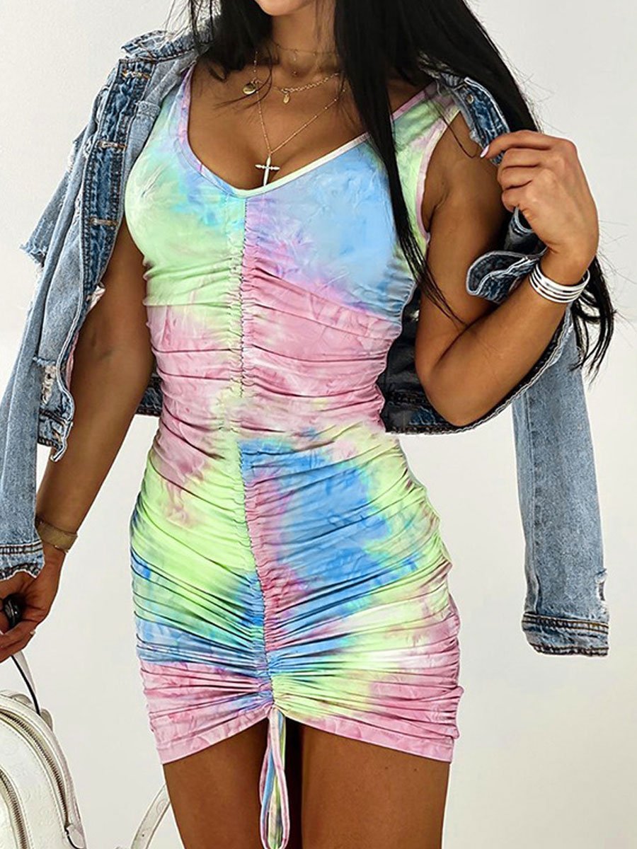 V-neck Drawstring Gradient Tie-dye Slim Sleeveless Dress
