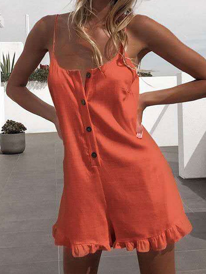 Women's Solid Color Button Suspenders Ruffled Suspender Jumpsuit