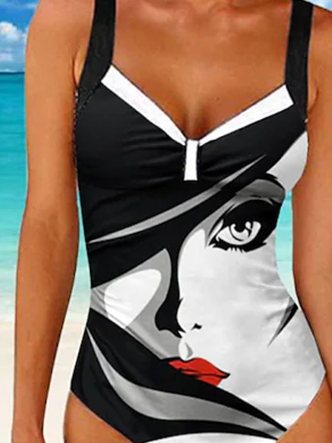 Abstract Face Art Print Swimsuit