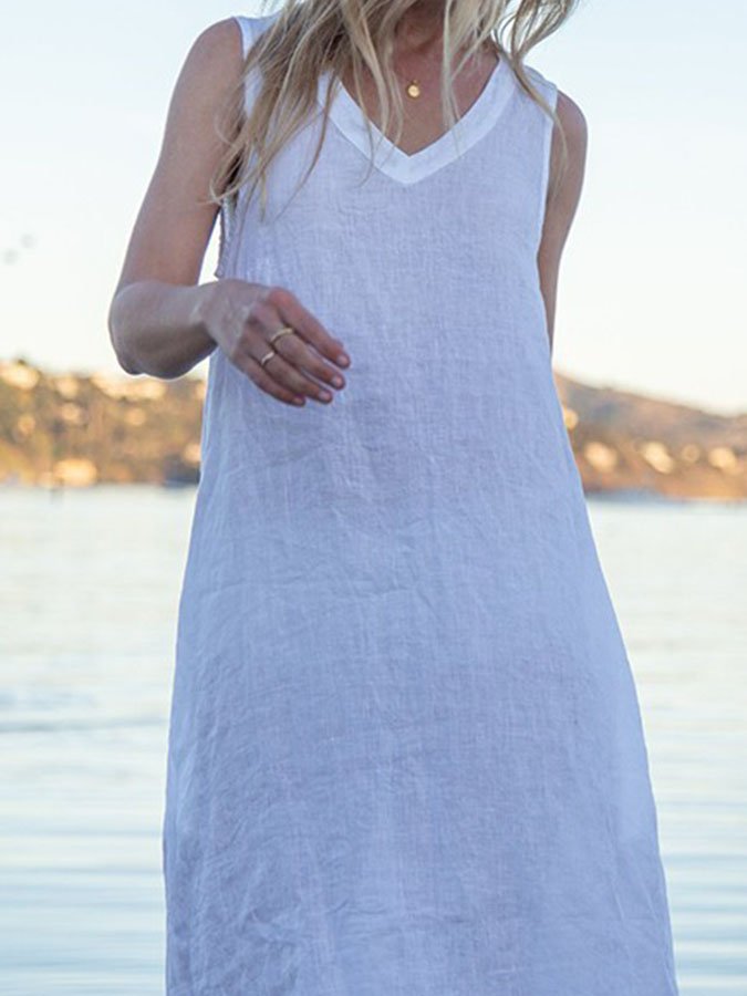 Solid Color Cotton And Linen Dress