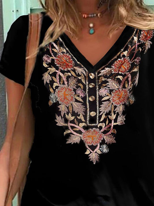 V-Neck Ethnic Floral Print T-Shirt