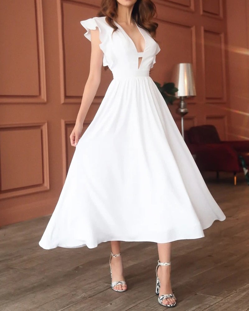 Solid Color Hollow Dress with Ruffles