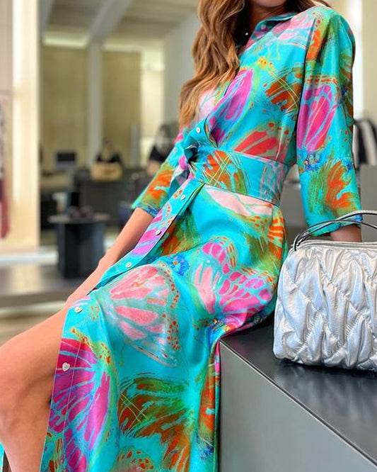 Casual Lapel Print Shirt Dress Midi Dress