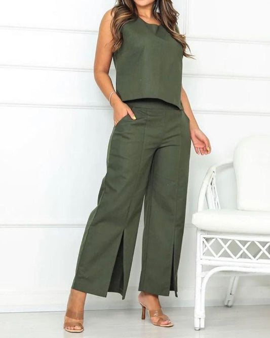 Casual Sleeveless Tank Top & Slit Pants Two-Piece Set