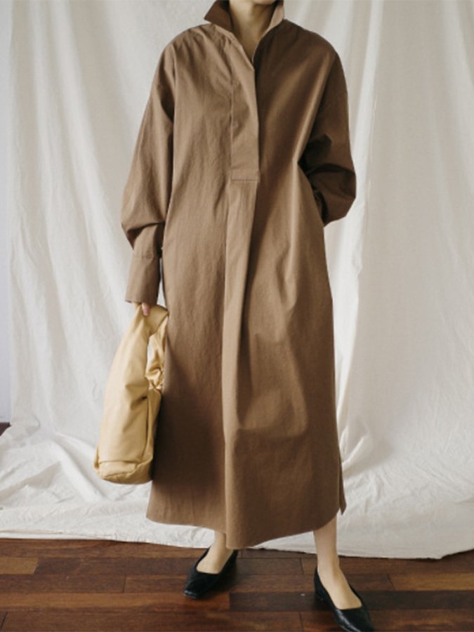 Women's Cotton Linen Loose Long Sleeve Shirt Dress