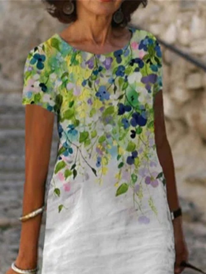 Printed Crew Neck Short Sleeve Dress