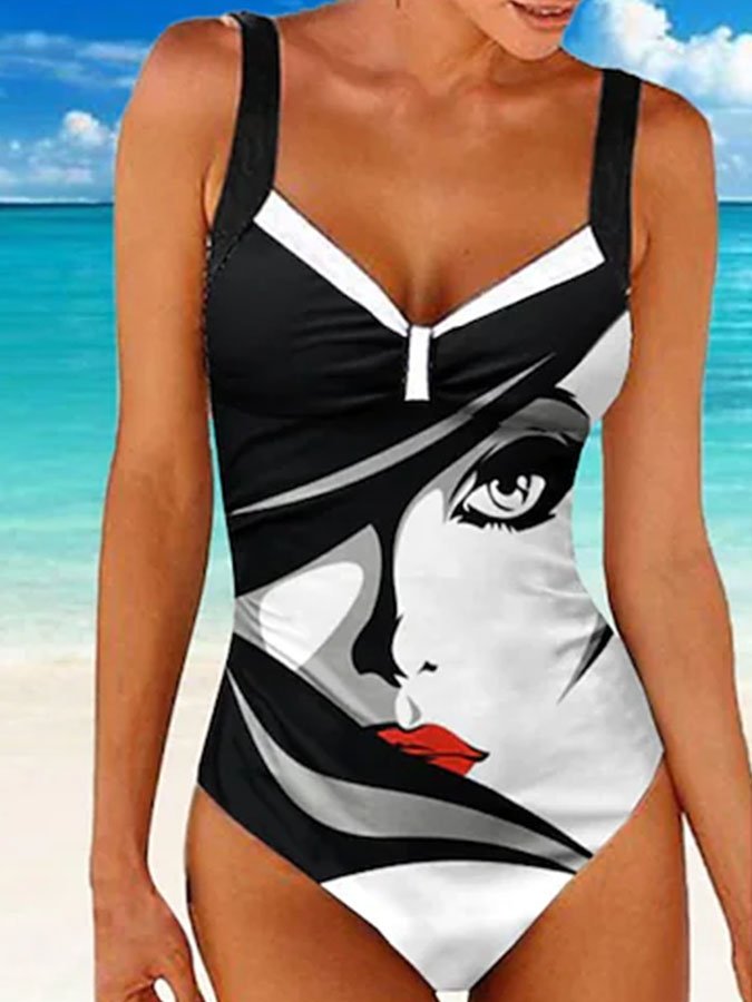 Abstract Face Art Print Swimsuit