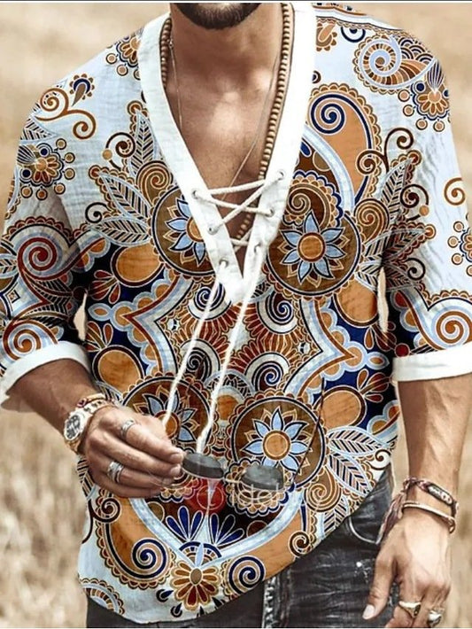 Men's Western Print V-Neck Casual T-Shirt