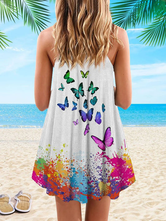 Watercolor Butterfly Print Spaghetti Strap Dress