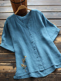 Women's Cotton Linen Embroidered Loose Casual T-Shirt