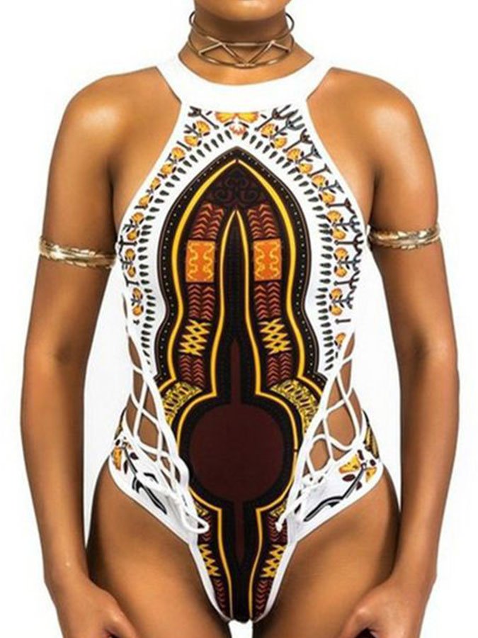 Vintage Pattern Cutout Contrast One-Piece Swimsuit