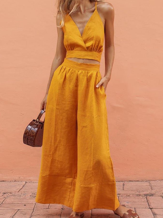 Suspenders Solid Color Cotton Linen Suit