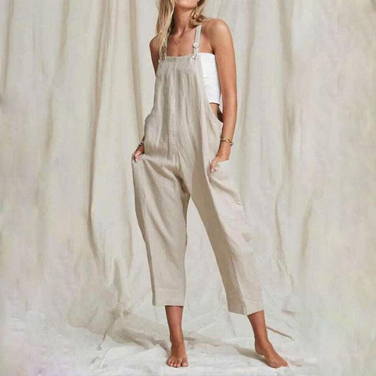 Solid Color Cotton Linen Pocket Solid Color Jumpsuit