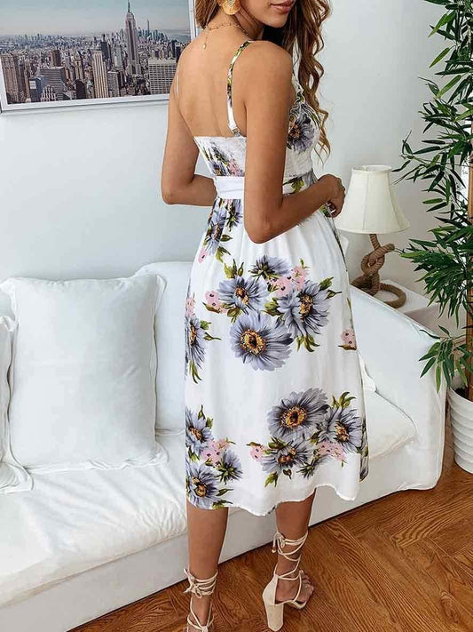 Sun Flower Printed Lace-up With Lotus Leaf Edge Button Floral Dress