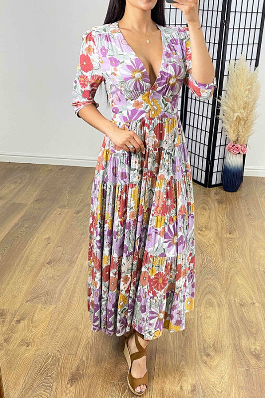 Casual floral print V-neck waist wrap long dress