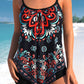 Asymmetric Hem Burgundy Tribal Print Tankini Top Set