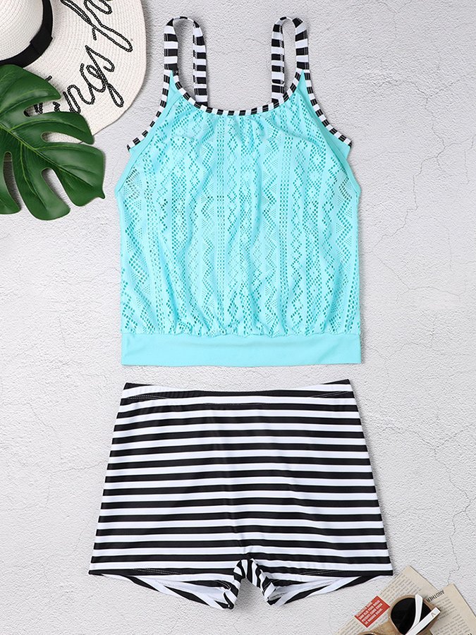 Striped Lace Panel Blue Tank Top Swimsuit