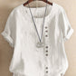 Women's Vintage Cotton Linen Button Crew Neck Short Sleeve T-Shirt