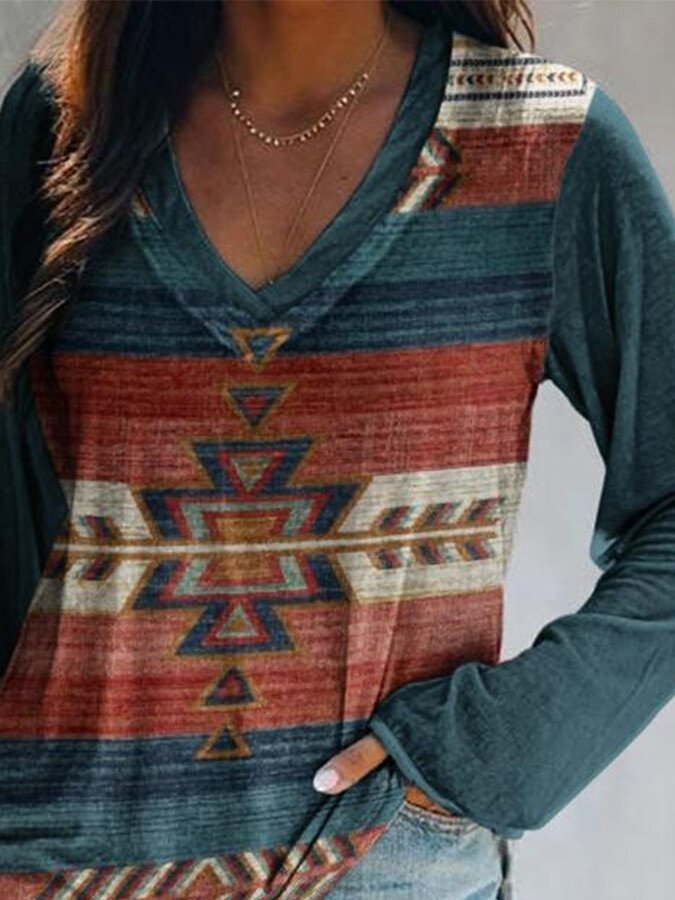 Ethnic Print V-Neck T-Shirt