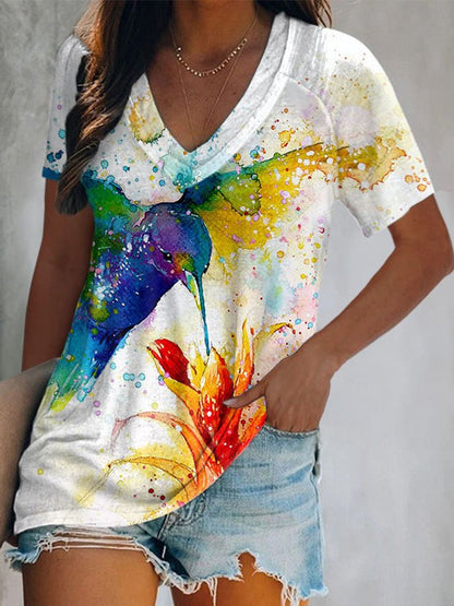 V-Neck Hummingbird Print T-Shirt