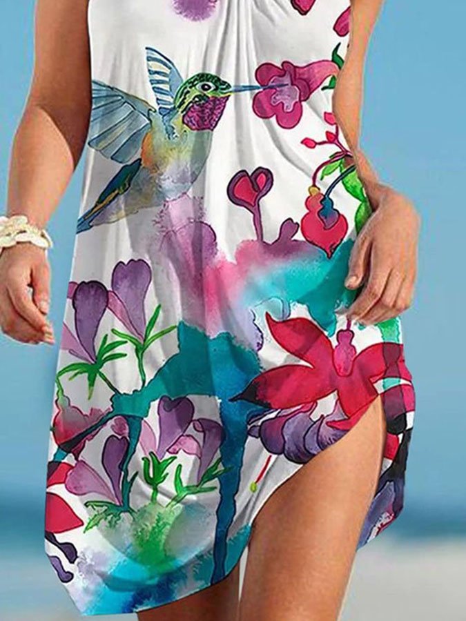 Sleek Crew Neck Sleeveless Floral Print Dress