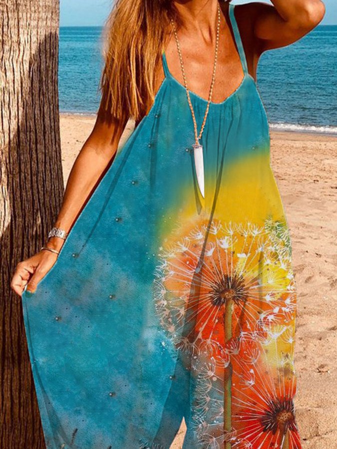 Dandelion Print Loose Suspender Jumpsuit