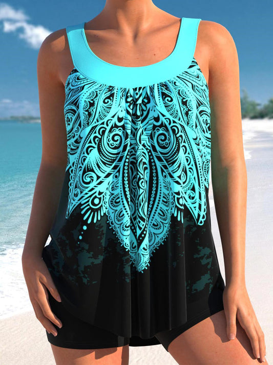 Tribal Print Wide Strap Cyan Tankini Set