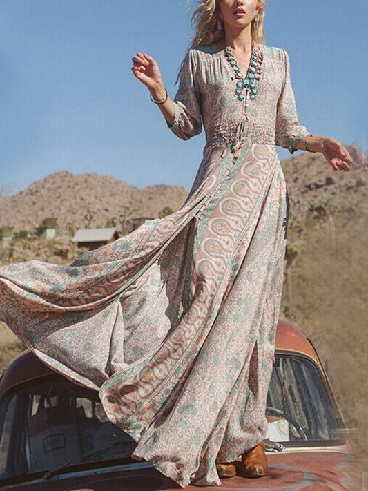 Women's Long Sleeve Vintage Chiffon Print Dress