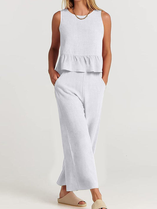 Solid Color Casual Ruffled Sleeveless Cotton And Linen Two-Piece Suit