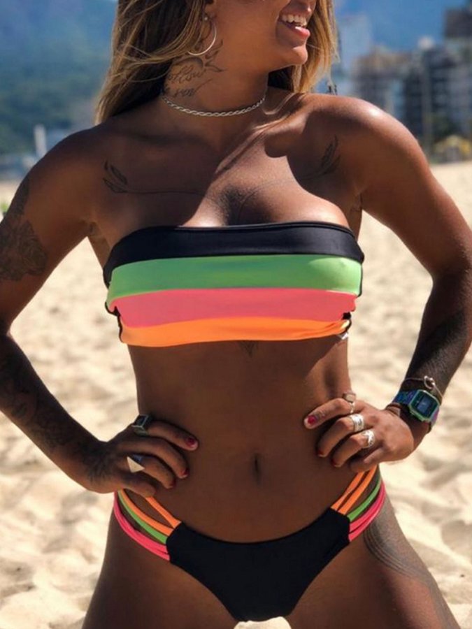 Women's Casual Beach Plain Cloth Stitched Stripe Swimsuit