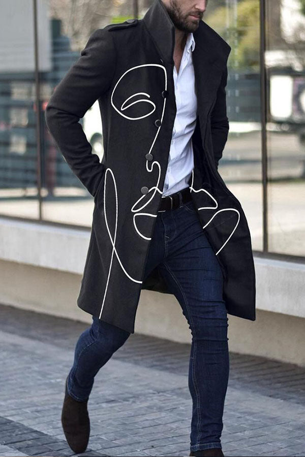 Fashion Fall Winter 2021 Simple Printed Stand Collar Trench Coat