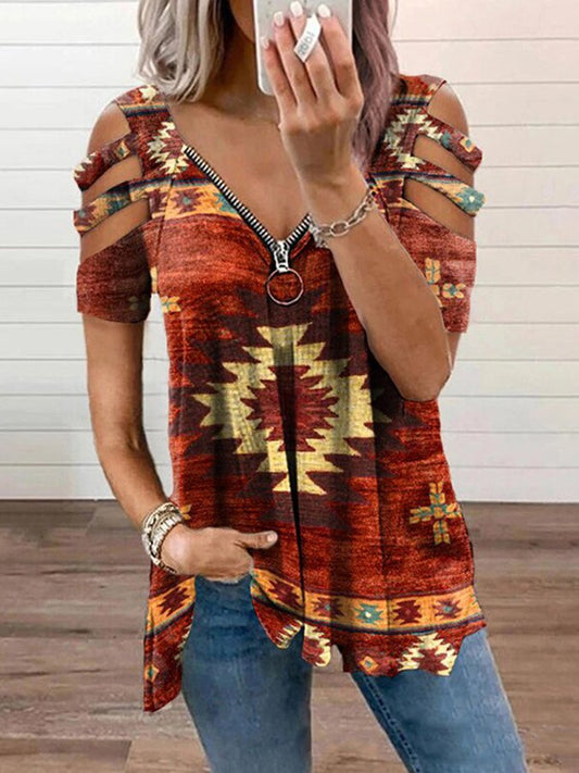 Vintage Geometric Print Zipper Casual T-Shirt