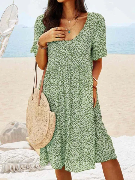 V Neck Floral Beach Vacation Casual Dresses