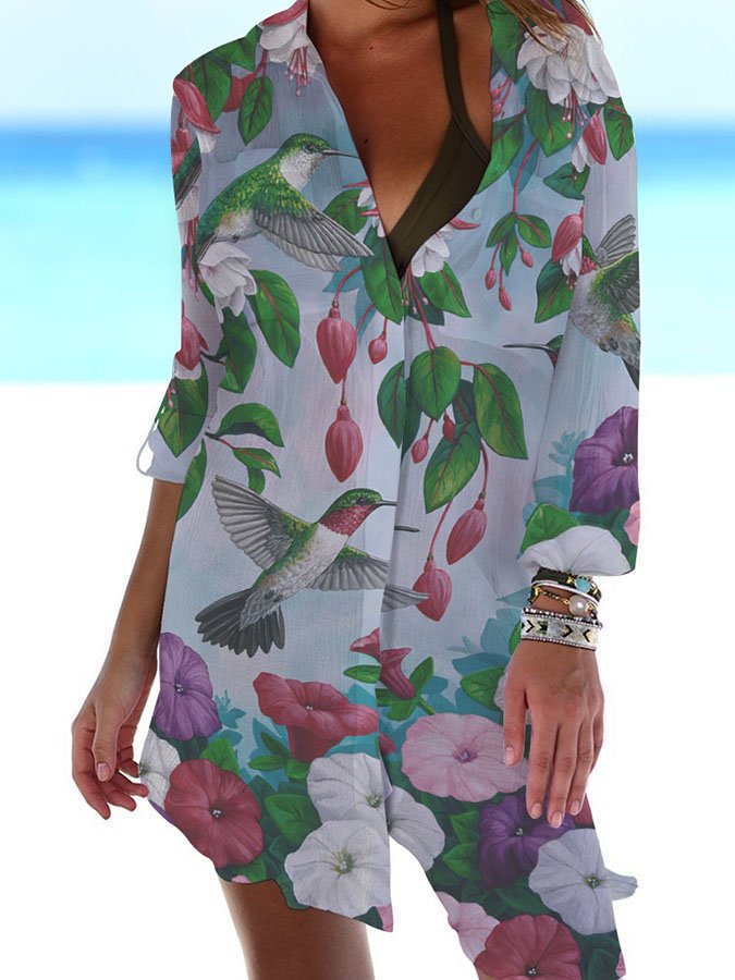 Hummingbird Print Casual Sun Protection Shirt